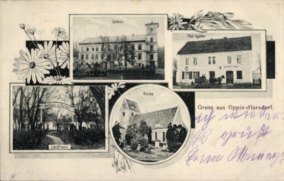 Postcard Oppin Landsberg im Saalekreis, inn, castle, post office, church, greetings from Oppin Harsdo