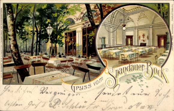 Litho Berlin Spandau, Gasthaus Spandauer Bock, Gartenpartie, Saal