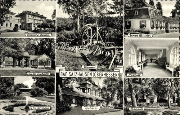 Postcard Bad Salzhausen Nidda in Hesse, state spa building, water wheel, baroque house, drinking hall