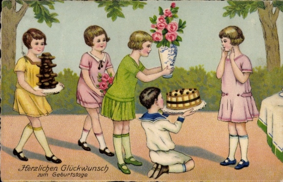 Postcard Congratulations Birthday, Children, Cake, Roses, Well-wishers