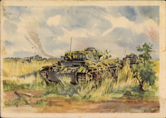 Artist Postcard Hensel, Camouflaged Panzer III, Wehrmacht