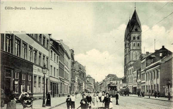 Postcard Deutz Cologne on the Rhine, Freiheitstraße, church towers, tram