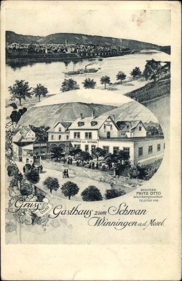 Postcard Winningen on the Moselle, Gasthaus zum Schwan, panorama
