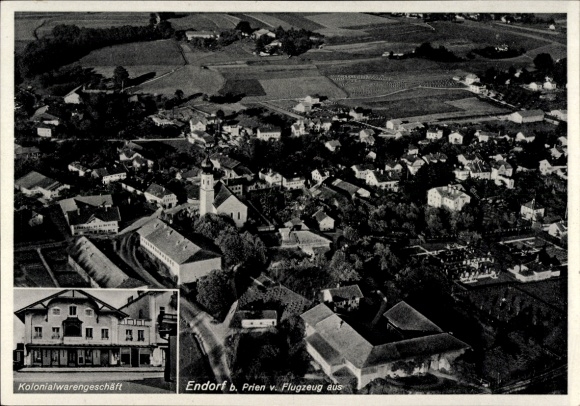 Postcard Bad Endorf in Chiemgau Upper Bavaria, aerial photograph, grocery store