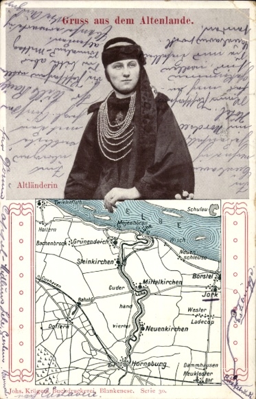 Kaarten Ak Horneburg aan de Beneden-Elbe, vrouw in klederdracht, Altländerin, Neuenkirchen, Steinkirchen