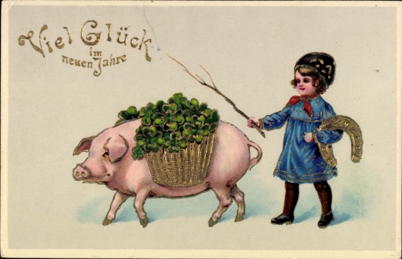 Greeting card Happy New Year, child, horseshoe, pig, lucky clover
