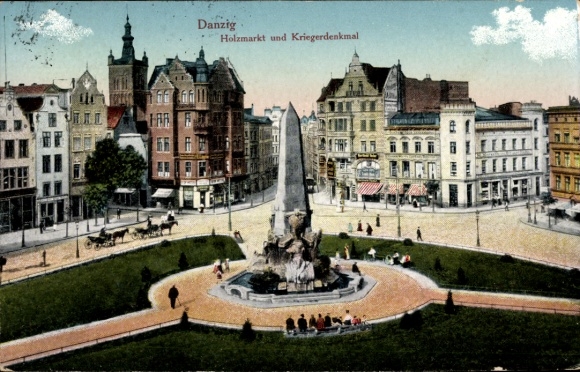 Postcard Gdańsk Danzig, Wood Market and War Memorial, Commercial Buildings