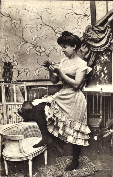 Postcard Parisiennes fin de siecle, woman in underwear, stockings, dress