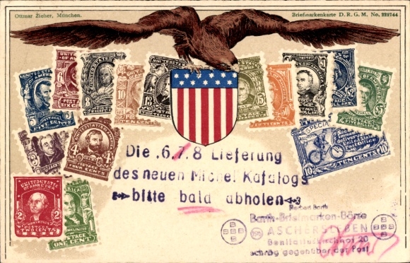 Stamps Coat of Arms Postcard USA, American Flag, Eagle