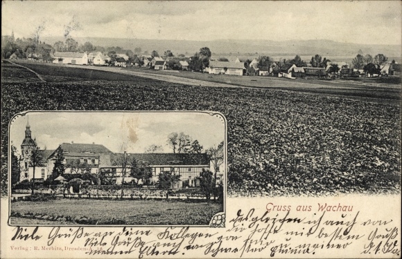 Postcard Wachau in Saxony, general view of the place, partial view with the church