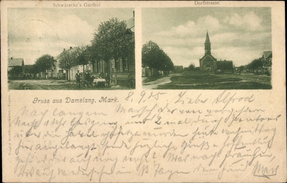 Postcard Damelang Planebruch in Brandenburg, Schwäreckes Gasthof, village street, church