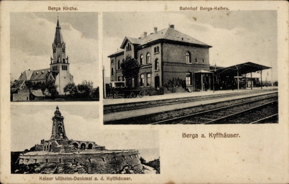 Ak Berga am Kyffhäuser, spoorzijde van het station, kerk, Kaiser Wilhelm Memorial