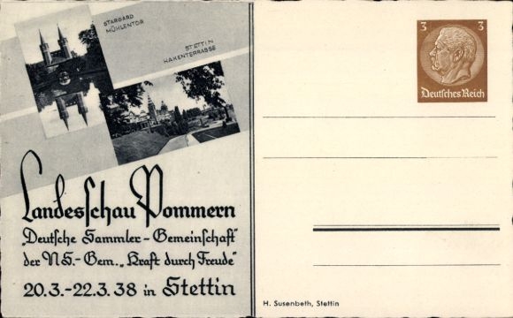 Postal stationery Postcard Szczecin Stettin Pomerania, Stamp State Exhibition Pomerania 20.-22.03.1938