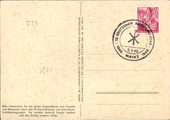 Postcard Mainz in Rhineland Palatinate, 72nd German Catholic Congress 1948, Don't complain, act!