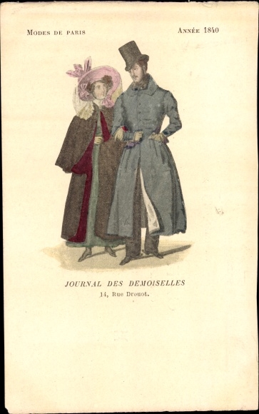 Postcard Mode de Paris 1840, Journal des Demoiselles, Rue Drouot, man and woman in coats
