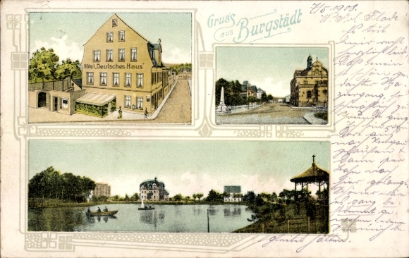 Ak Burgstädt in Sachsen, Hotel Deutsches Haus, Teile der Stadt, Landschaft mit Gewässer