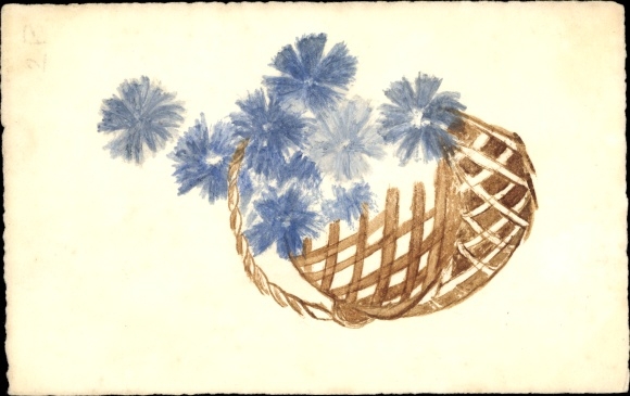 Hand Painted Postcard Cornflowers in a Basket