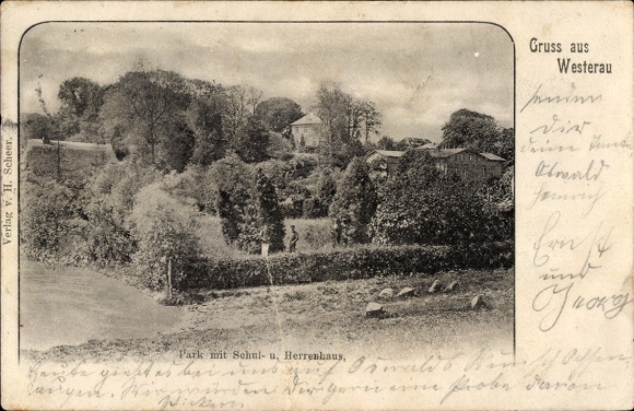 Postcard Westerau in Schleswig Holstein, park with school and manor house
