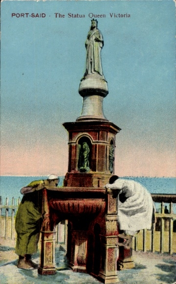 Postcard Port Said Egypt, statue of Queen Victoria, two men admire statue, colorful depiction