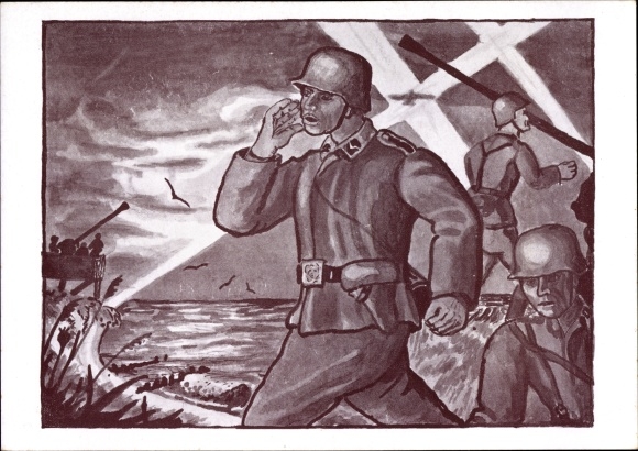 Künstler Ak Insel Sylt in Nordfriesland, Deutsche Soldaten, Wehrmacht, Flak, Fliegerangriff