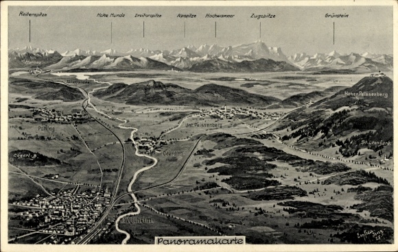 Maps Postcard Weilheim in Baden, panoramic map