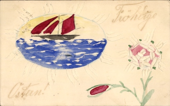 Hand-painted relief Postcard sailboat, flowers, kitsch