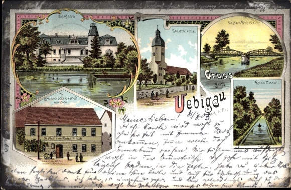 Chromo-Litho Uebigau Wahrenbrück in Brandenburg, canal, Elster Bridge, town church, castle, inn