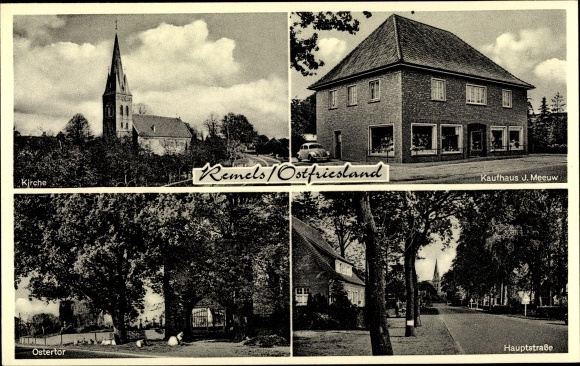 Postcard Remels Uplengen in Ostfriesland, Ostertor, church, main street, department store