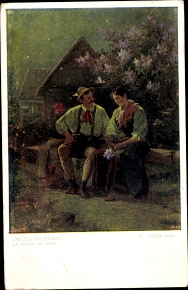 Artist Postcard Döcker, E., The time of lilacs, couple in traditional costumes