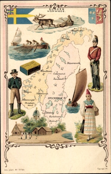 Maps coat of arms Chromo-Litho Norway, Sweden, reindeer sleighs, traditional costumes, fishermen