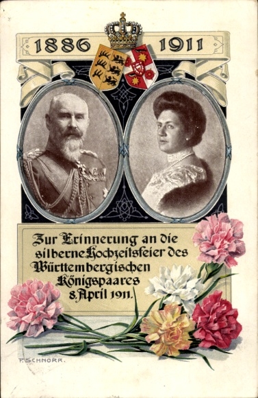 Artist Postcard Schnorr, King Wilhelm II of Württemberg, Queen Charlotte, silver wedding 1911, coat of arms