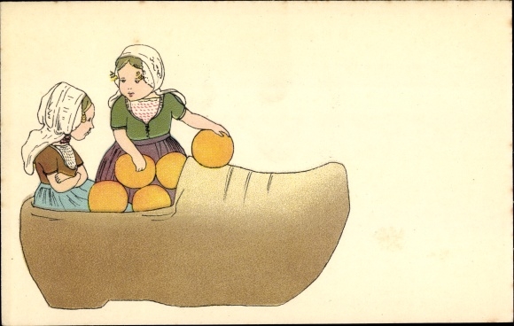 Postcard Netherlands, wooden shoe, children in costume, cheese