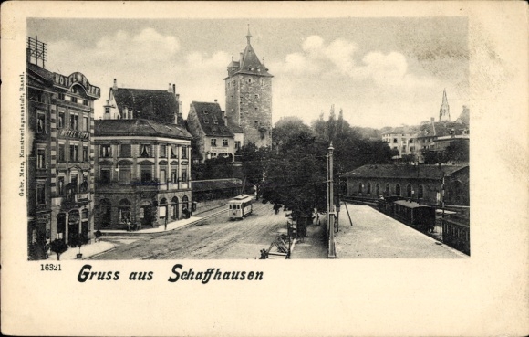Ak Schaffhausen am Rhein Schweiz, Straßenbahn, Häuser, Turm