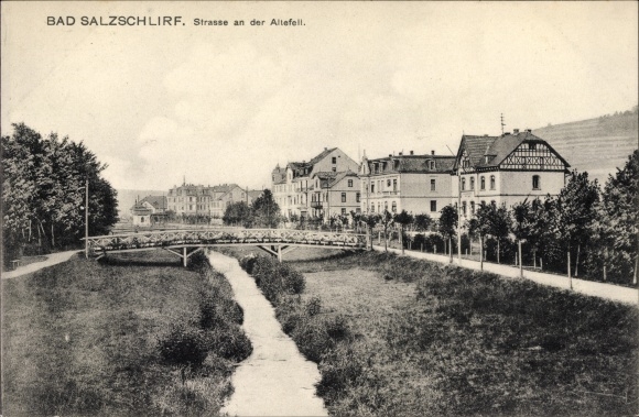 Postcard Bad Salzschlirf in Hesse, street on the Altefell, bridge, old houses