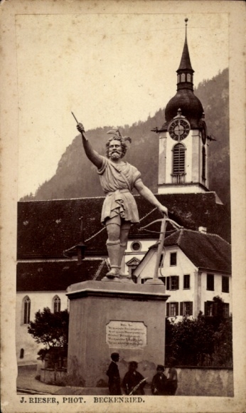 CdV Altdorf Kt Uri, Denkmal Wilhelm Tell, Kirche, Fotograf J. Rieser, Beckenried