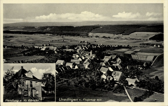 Postcard Unadingen Löffingen in the Black Forest, aerial photograph of the business by Ki Gänsler, landscape, buildings
