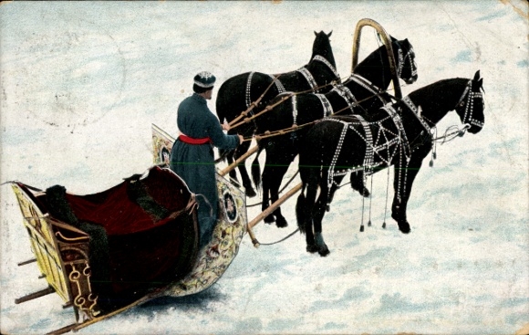 Postcard Happy New Year, sleigh team, man in Russian folk costume