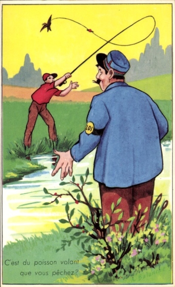Künstler Ak C'est du poisson volant que vous pêchez? Humor