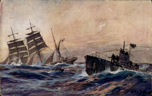 Künstler Ak Stöwer, Willy, Deutsches U Boot versenkt französische Bark, Atlantik, U-Boot Spende 1917