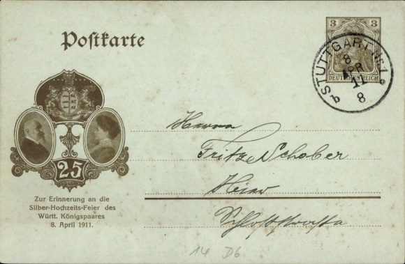 Ganzsachen Ak Silberhochzeit des Württ. Königspaares 1911, König Wilhelm II., Königin Charlotte