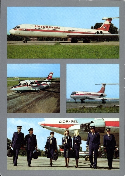 Postcard German passenger plane Ilyushin IL 62, Interflug, DDR SEL, pilots, stewardess