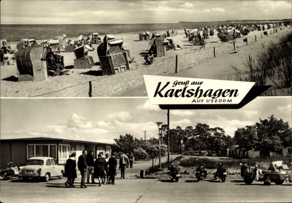Postcard Karlshagen on Usedom, beach chairs on the beach, parking lot, motorcycles