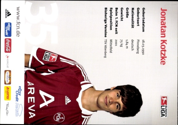 Autograph card footballer Jonatan Kotzke and Mercedes, 1. FC Nuremberg, autograph