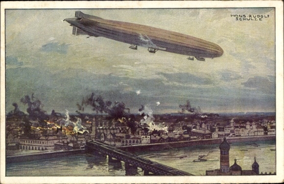 Artist Postcard Schulze, Hans Rudolf, Zeppelin, airship Schütte Lanz, bombing Warsaw, I. WK