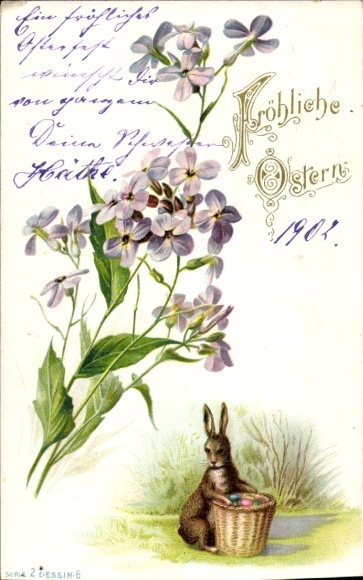 Litho Ostern, Osterhase, Ostereier im Korb