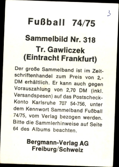 Obraz kolekcjonerski piłka nożna 1974/1975, zdjęcie nr 318, trener Gawliczek, Eintracht Frankfurt