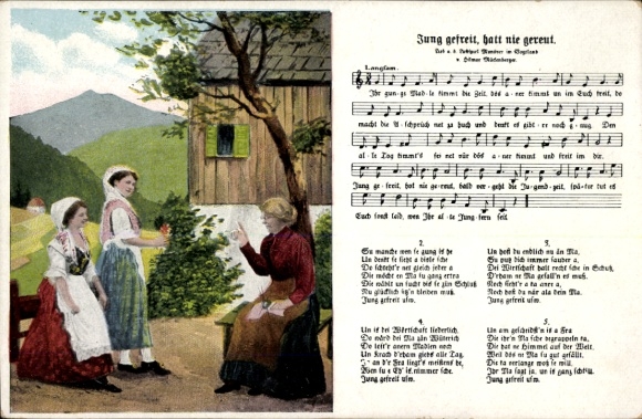 Song Postcard Mückenberger, Hilmar, young freed, had never regretted, young women in costumes