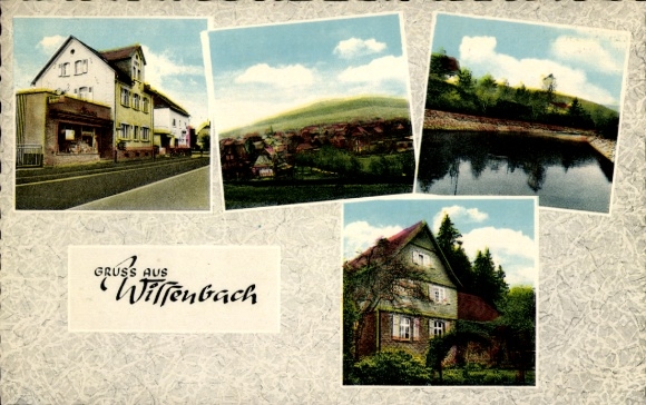 Postcard Wissenbach Eschenburg in the Lahn Dill district, street section, river, panorama of the village