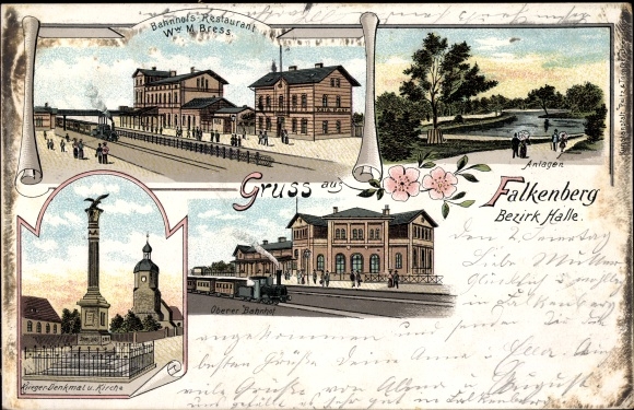 Chromo-Litho Falkenberg an der Elster, train station, train station restaurant M. Bress, war memorial, church