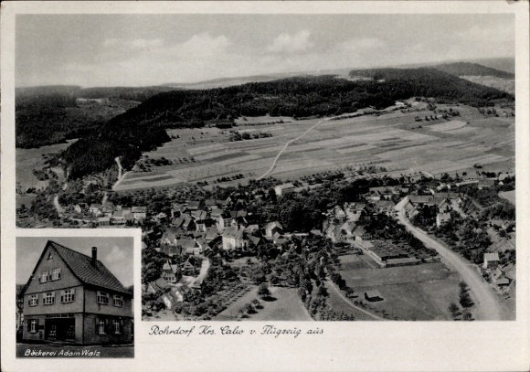 Postcard Rohrdorf am Inn Upper Bavaria, aerial photograph, bakery and grocery store Adam Walz